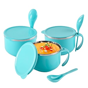 kuber industries pack of 3 airtight-lid 600ml stainless steel soup bowl with spoon amp holder  leakproof food container for noodles pasta amp milk  maggie bowl amp souptok for eating  blue