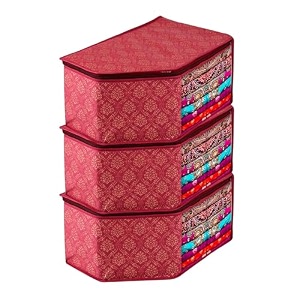 kuber industries pack of 3 blouse cover  golden-printed  clothes storage bag  wardrobe organiser with zipper  side transparent blouse organizer  blouse protector bag  maroon