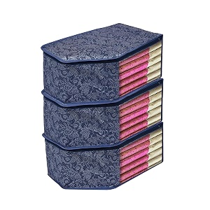 kuber industries pack of 3 blouse cover  flower-printed  clothes storage bag  wardrobe organiser with zipper  side transparent blouse organizer  blouse protector bag  navy blue