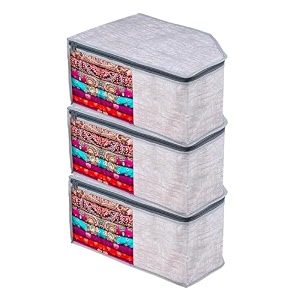 kuber industries pack of 3 blouse cover  jute-printed  clothes storage bag  wardrobe organiser with zipper  side transparent blouse organizer  blouse protector bag  grey 27 cm
