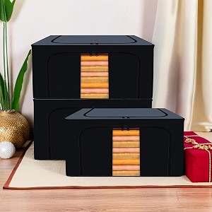 kuber industries pack of 3 clothes storage box  44 liter foldable steel frame clothes organizer  storage box for wardrobe-saree-shirts and blankets  underbed storage bag  grey amp black