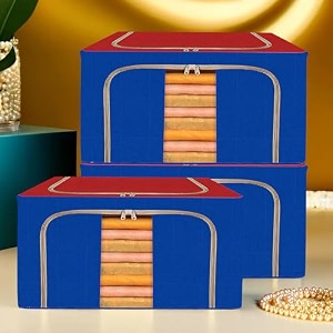 kuber industries 88 liter clothes storage box  foldable steel frame clothes organizer  storage box for wardrobe-saree-shirts and blankets  underbed storage bag  dot print  royal blue