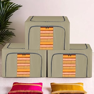 kuber industries pack of 3 clothes storage box  66 ltr  waterproof storage box for saree-shirts amp blankets  underbed storage bag  foldable parachute steel frame wardrobe organizer  brown
