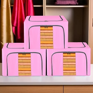 kuber industries pack of 3 clothes storage box  24 liter waterproof storage box for saree-shirts amp blankets  underbed storage bag  foldable parachute steel frame wardrobe organizer  pink