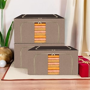 kuber industries pack of 3 clothes storage box  44 liter foldable steel frame clothes organizer  storage box for wardrobe-saree-shirts and blankets  underbed storage bag  brown
