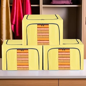 kuber industries pack of 3 clothes storage box  24 liter waterproof storage box for saree-shirts amp blankets  underbed storage bag  foldable parachute steel frame wardrobe organizer  yellow