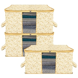kuber industries pack of 3 - clothes storage bags  large - under-bed storage bag  foldable blanket storage box for comforter saree  zipper amp handle cloth organizer  leaf-design - cream