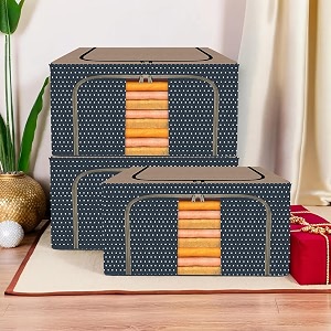 kuber industries pack of 3 clothes storage box  44 liter foldable steel frame clothes organizer  storage bag  storage box for wardrobe-saree-shirts and blankets  dot print  navy blue