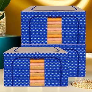 kuber industries 88 liter clothes storage box  foldable steel frame clothes organizer  storage box for wardrobe-saree-shirts and blankets  underbed storage bag  dot print  royal blue