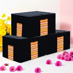 kuber industries pack of 3 clothes storage box  24 liter foldable steel frame clothes organizer  storage box for wardrobe-saree-shirts and blankets  underbed storage bag  grey amp black