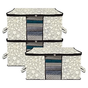 kuber industries pack of 3 - clothes storage bags  large - under-bed storage bag  foldable blanket storage box for comforter saree  zipper amp handle cloth organizer  flower-design - grey amp black
