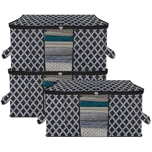kuber industries pack of 3 - clothes storage bags  large - under-bed storage bag  foldable blanket storage box for comforter saree  zipper amp handle cloth organizer  check-design - black