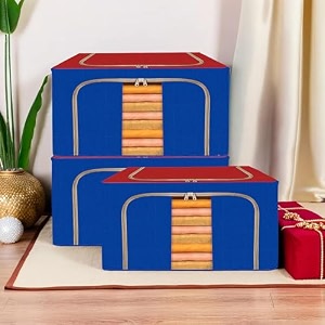 kuber industries pack of 3 clothes storage box  44 liter foldable steel frame clothes organizer  storage box for wardrobe-saree-shirts and blankets  underbed storage bag  red amp blue