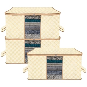 kuber industries pack of 3 - clothes storage bags  large - under-bed storage bag  foldable blanket storage box for comforter saree  zipper amp handle cloth organizer  check-design - cream