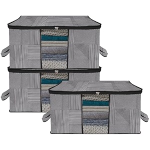kuber industries pack of 3 - clothes storage bags  large - under-bed storage bag  foldable blanket storage box for comforter saree  zipper amp handle cloth organizer  check-design - black