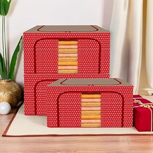 kuber industries pack of 3 clothes storage box  44 liter foldable steel frame clothes organizer  storage bag  storage box for wardrobe-saree-shirts and blankets  dot print  red amp brown