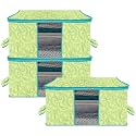 Kuber Industries Pack of 3 - Clothes Storage Bags | Large - Under-Bed Storage Bag | Foldable Blanket Storage Box For Comforter, Saree | Zipper &amp; Handle Cloth Organizer | Leaf-Design - Green