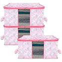 Kuber Industries Pack of 3 - Clothes Storage Bags | Large - Under-Bed Storage Bag | Foldable Blanket Storage Box For Comforter, Saree | Zipper &amp; Handle Cloth Organizer | Floral-Design - Pink