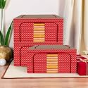 Kuber Industries Pack of 3 Clothes Storage Box | 44 Liter Foldable Steel Frame Clothes Organizer | Storage Bag | Storage Box For Wardrobe-Saree-Shirts And Blankets | Dot Print | Red &amp; Brown