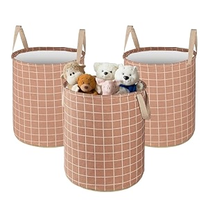 kuber industries pack of 3 cotton 45l toys organizer for kids room - foldable soft toys storage bagbasketcontainer with handle  checks -light brown