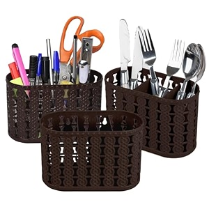 kuber industries pack of 3 cutlery holder  kitchen organizer with 3 compartments  stationery organizer  dining tableware stand  multipurpose desk organizer box  sunny  brown