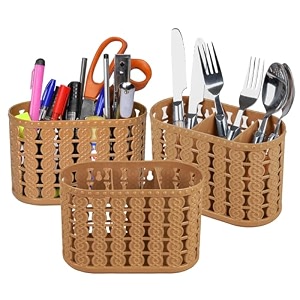 kuber industries pack of 3 cutlery holder  kitchen organizer with 3 compartments  stationery stand  dining tableware stand  multipurpose desk box  sunny  beige