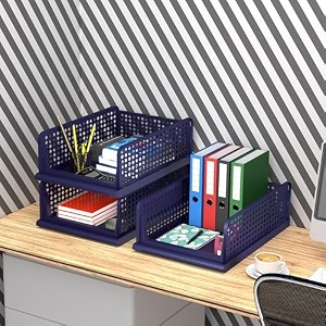 kuber industries pack of 3 desk stationary organizer  foldable office desk organizers  drawers for dressing table  storage bins for kitchen bathroom  blue