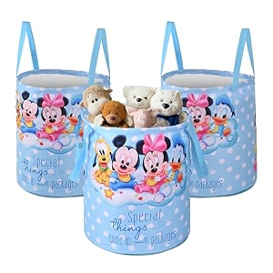 kuber industries pack of 3 foldable 45l toys organizer for kids room - soft toys storage bagbasketcontainer with handles  disney kids - sky blue