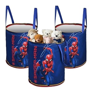 kuber industries polyester foldable 45l toys organizer for kids room - soft toys storage bagbasketcontainer with handles  marvel spiderman - blue amp red 34 x 34 x 42 centimeters