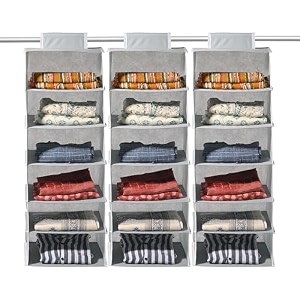 kuber industries pack of 3 foldable 6-shelf hanging organizer for wardrobe with velcro  10x15 inch  multipurpose almirah organizer clothes  space-saving amp lightweight design  plain grey