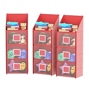 kuber industries pack of 3 hanging almirah  folding baby almirah  4 compartments storage almirah  hanging wall almirah  wardrobe organizer for cloth-shoes-toys  hathkadi  red