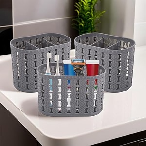 kuber industries pack of 6 hanging amp wall mounted 4 compartment tooth brush organiser amp shaving kit  kitchens cutlery stand  make-upskincare organizer amp comb holder for dressing table  beige