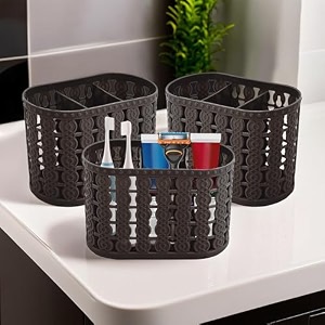 kuber industries pack of 6 hanging amp wall mounted 4 compartment tooth brush organiser amp shaving kit  kitchens cutlery stand  make-upskincare organizer amp comb holder for dressing table  beige
