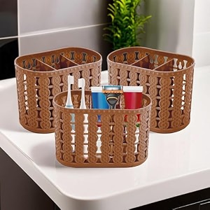 kuber industries pack of 6 hanging amp wall mounted 4 compartment tooth brush organiser amp shaving kit  kitchens cutlery stand  make-upskincare organizer amp comb holder for dressing table  beige