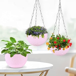 kuber industries pack of 3 hanging flower pot  hanging flower pot for living room  planters for home-lawns amp gardening  flower planter for balcony  marble euro  7 inch  pink