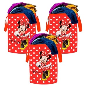 kuber industries laundry basket 45 ltr foldable non-woven basket  round cloth laundry bag  washing storage basket  dot disney minnie  red