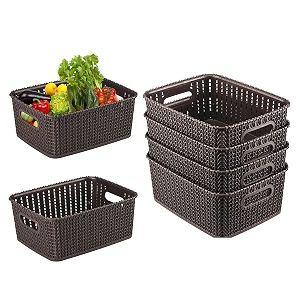 kuber industries pack of 6 multi-purpose 6 ltr plastic basket for storage m20  spacious pooja item holder amp fruit tokari  aesthetic home organizers for kitchen amp bedroom  dark brown