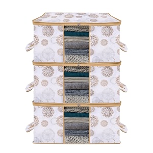kuber industries pack of 3 non woven underbed storage organizer  storage bags for clothes blanket  clothes storage bag for with handle amp visible window  gola print - white 47 cm