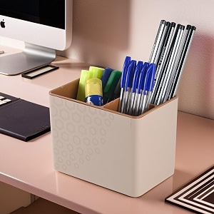 kuber industries plastic 3-compartment pen holder for study table  markerpencil stand amp desk organizer for student  office table accessory for stationary item  sandy brown