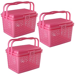 kuber industries pack of 3 picnic basket with lid and handle  food basket for travelling  plastic storage basket  shopping basket  small  pink