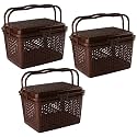 Kuber Industries Pack of 3 Picnic Basket with Lid and Handle | Food Basket for Travelling | Plastic Storage Basket | Shopping Basket | Small | Brown