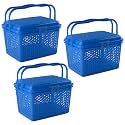 Kuber Industries Pack of 3 Picnic Basket with Lid and Handle | Food Basket for Travelling | Plastic Storage Basket | Shopping Basket | Small | Blue