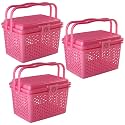 Kuber Industries Pack of 3 Picnic Basket with Lid and Handle | Food Basket for Travelling | Plastic Storage Basket | Shopping Basket | Small | Pink
