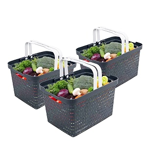 kuber industries pack of 3 plastic medium storage baskets with foldable handles  storage containers for fruits amp vegetables  storage baskets for kitchen books amp stationery items  dark grey