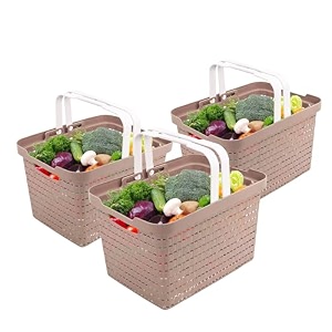 kuber industries pack of 3 plastic medium storage baskets with foldable handles  storage containers for fruits amp vegetables  storage baskets for kitchen books amp stationery items  beige