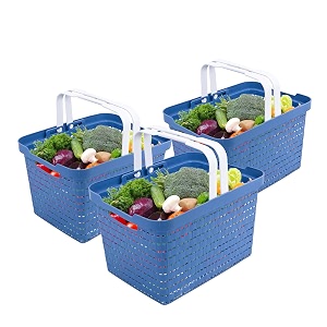 kuber industries pack of 3 plastic medium storage baskets with foldable handles  storage containers for fruits amp vegetables  storage baskets for kitchen books amp stationery items  light blue