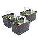 Kuber Industries Pack of 3 Plastic Medium Storage Baskets with Foldable Handles | Storage Containers for Fruits &amp; Vegetables | Storage Baskets for Kitchen, Books &amp; Stationery Items | Dark Grey