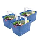 Kuber Industries Pack of 3 Plastic Medium Storage Baskets with Foldable Handles | Storage Containers for Fruits & Vegetables | Storage Baskets for Kitchen, Books & Stationery Items | Light Blue
