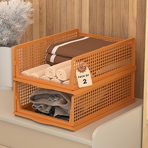 kuber industries 2 pcs plastic stackable cloth organizer for storage  foldable clothes rack for wardrobe  almirah amp cupboard organizer for shirts t-shirts dresses jeans amp pants  brown
