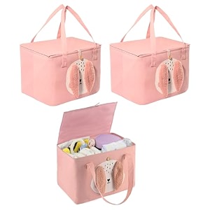 kuber industries premium kawaii essentials caddy bag  aesthetic baskets for new born clothes  cute stuff holder amp organizer for baby toys diaper amp wet wipes  gm-26-pnk  pink rabbit